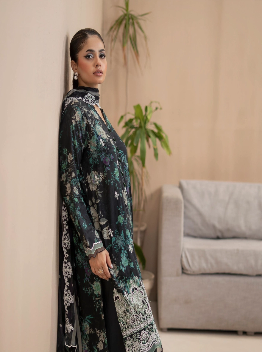 Pakistani Premium Mishaal by Gulljee – 3 Piece Printed Lawn Suit (Black/Emerald)