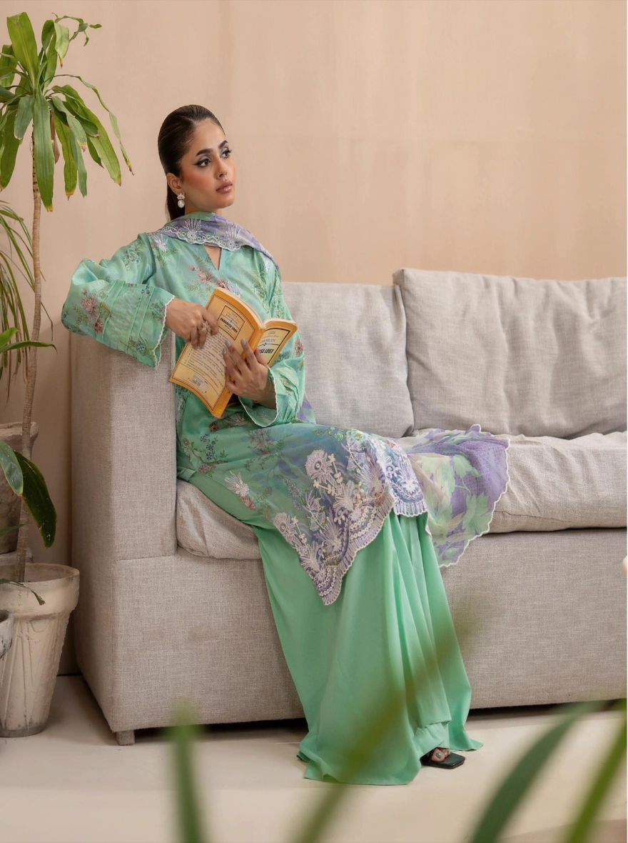 Pakistani Premium Mishaal by Gulljee – 3 Piece Printed Lawn Suit (Sea-Green)