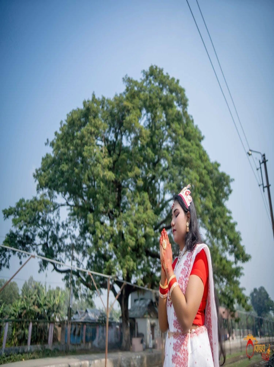 Women's Puja Special Afsan Print Saree - Traditional Red & White Half Silk