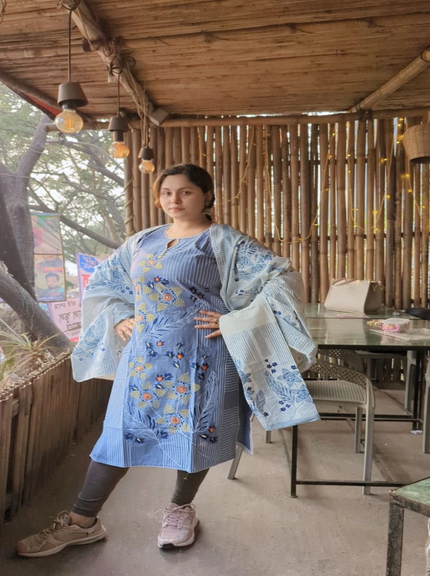 Sky Blue Floral Aarong Cotton Readymade Three-Piece