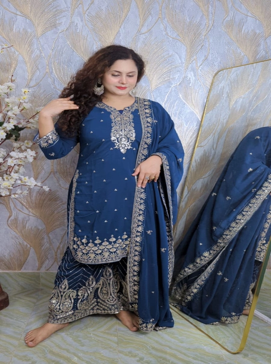 Deep Teal Pakistani Design Premium Georgette Readymade Three-Piece