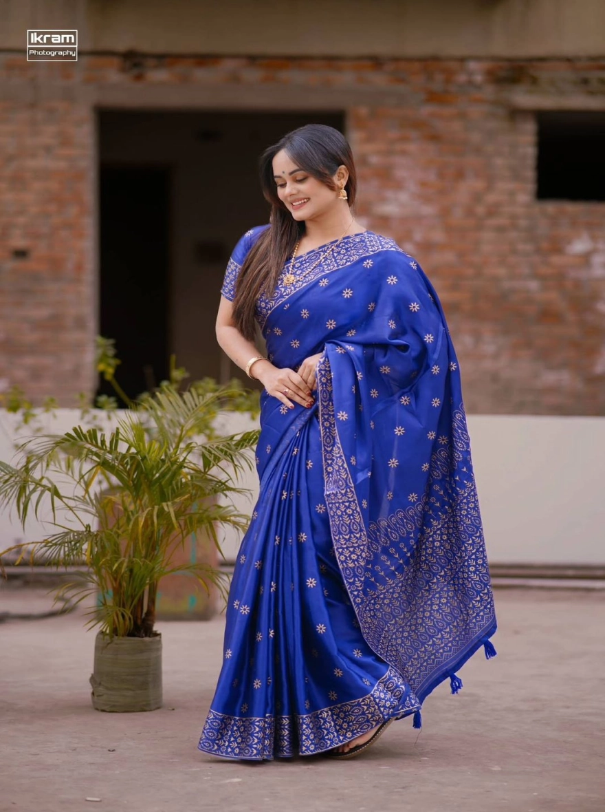 Women's Exclusive Designer Screen Print Japani Silk Saree - Royal Blue
