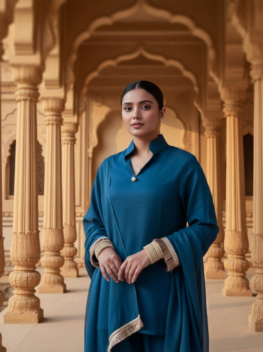 Name: Zarqa – Teal Short Kameez & Farshi Salwar 3-Piece Set