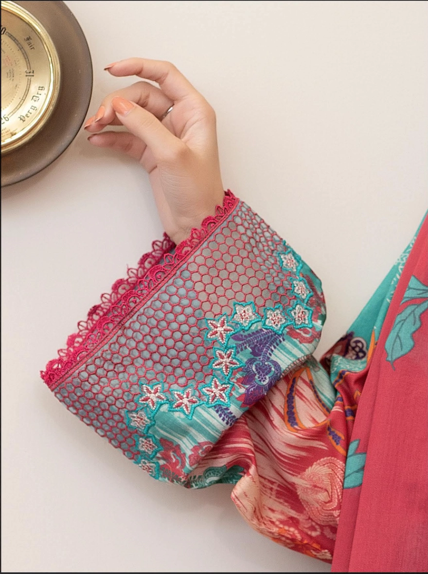 Pakistani Morja by Gulljee – Unstitched 3 Piece Emb-Radiant Crimson & Teal