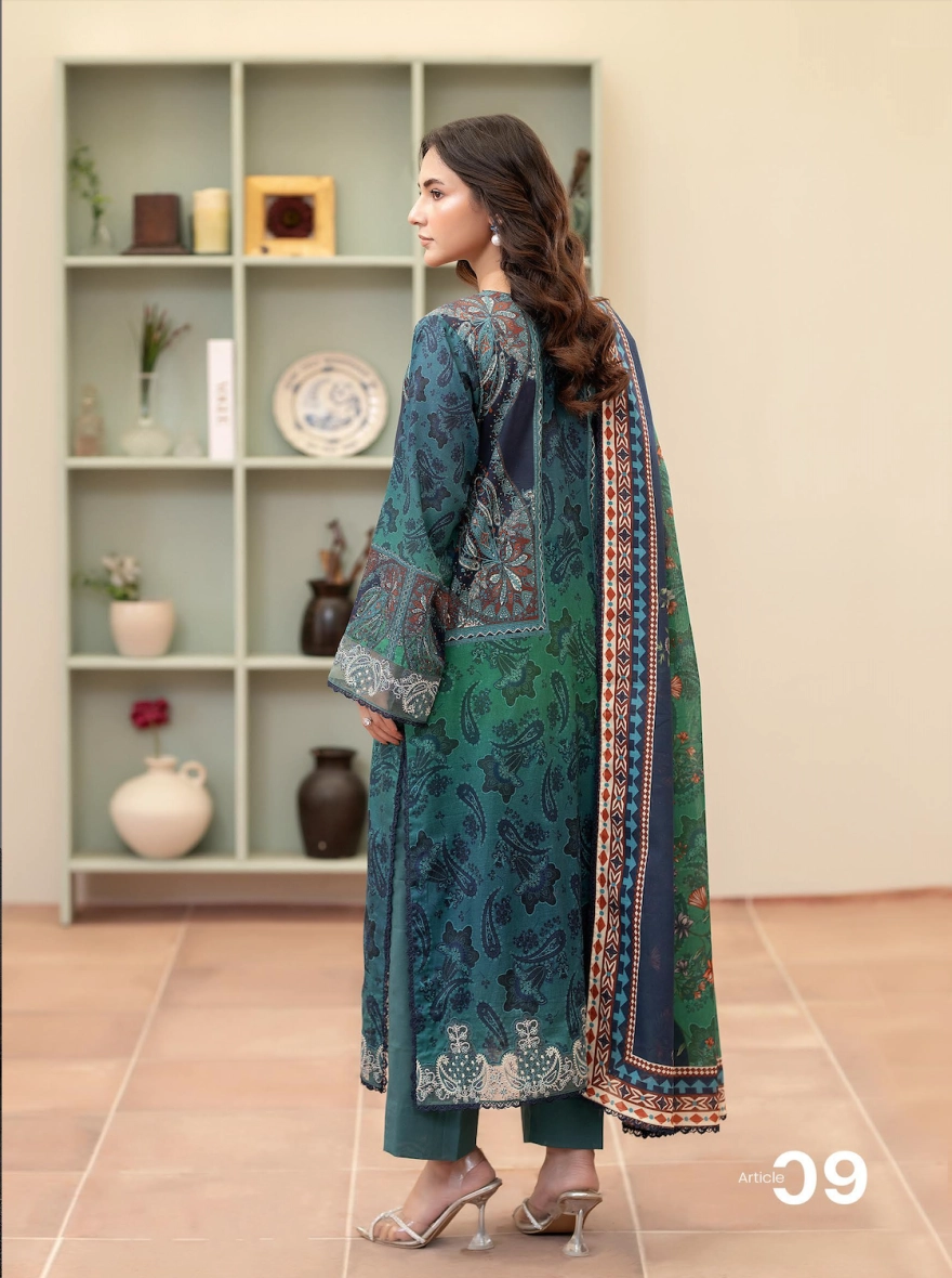 Pakistani Morja by Gulljee – Unstitched 3 Piece Emb Teal & Emerald Paisley