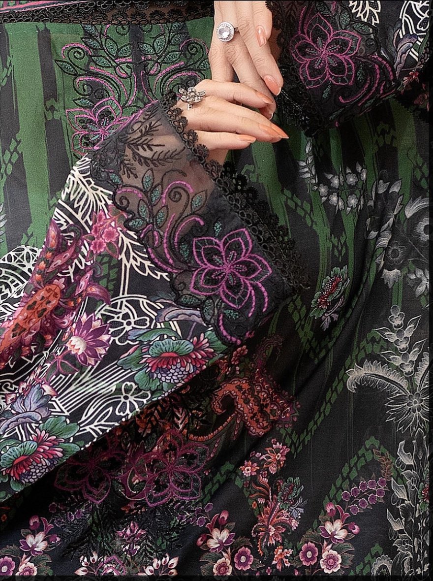 Pakistani Morja by Gulljee – Unstitched 3 Piece Emb Charcoal & Forest Green Floral