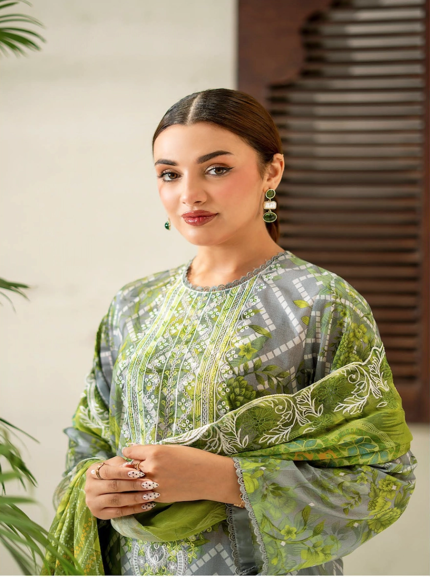 Citron Mist Embroidered 3-Piece Digital Lawn Suit with Cut-Work Chiffon Dupatta