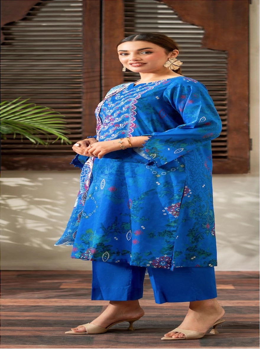 Royal Azure Embroidered 3-Piece Lawn Suit with Cut-Work Chiffon Dupatta