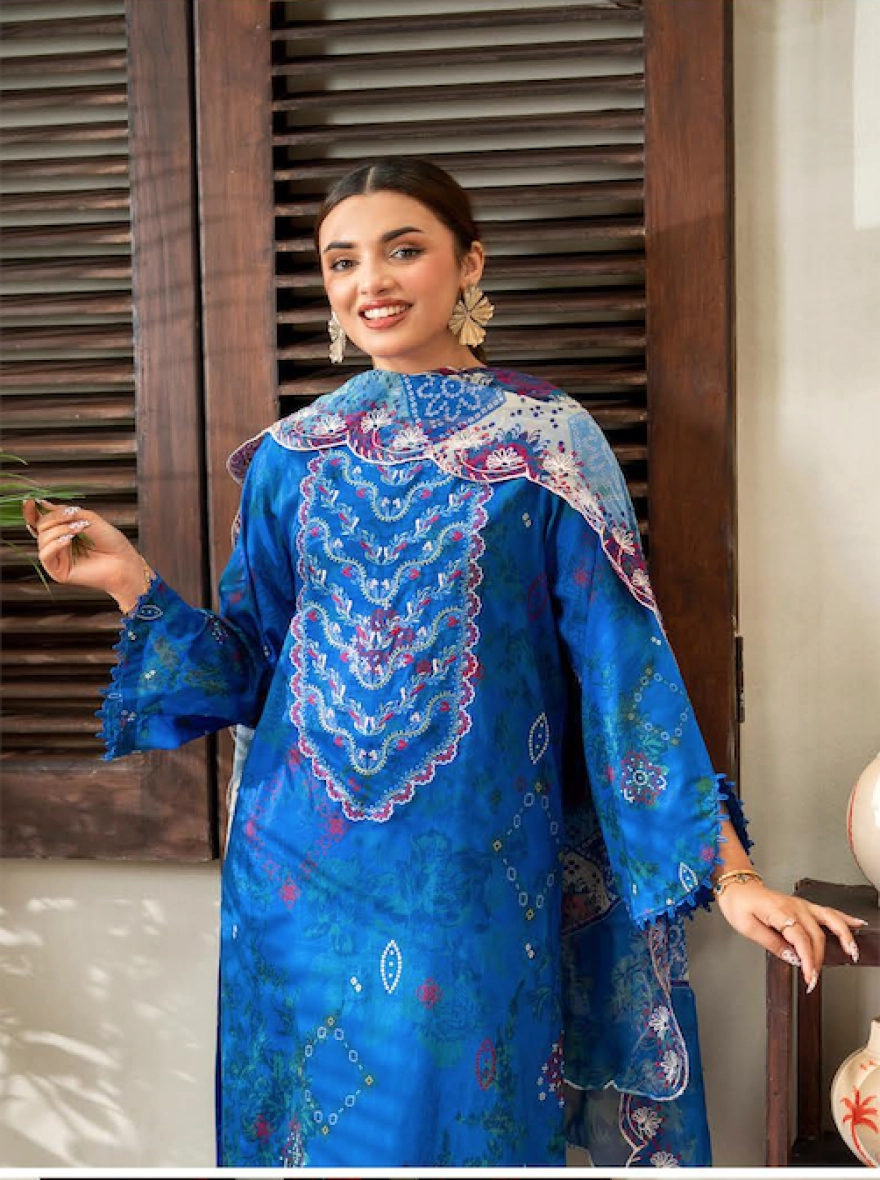 Royal Azure Embroidered 3-Piece Lawn Suit with Cut-Work Chiffon Dupatta