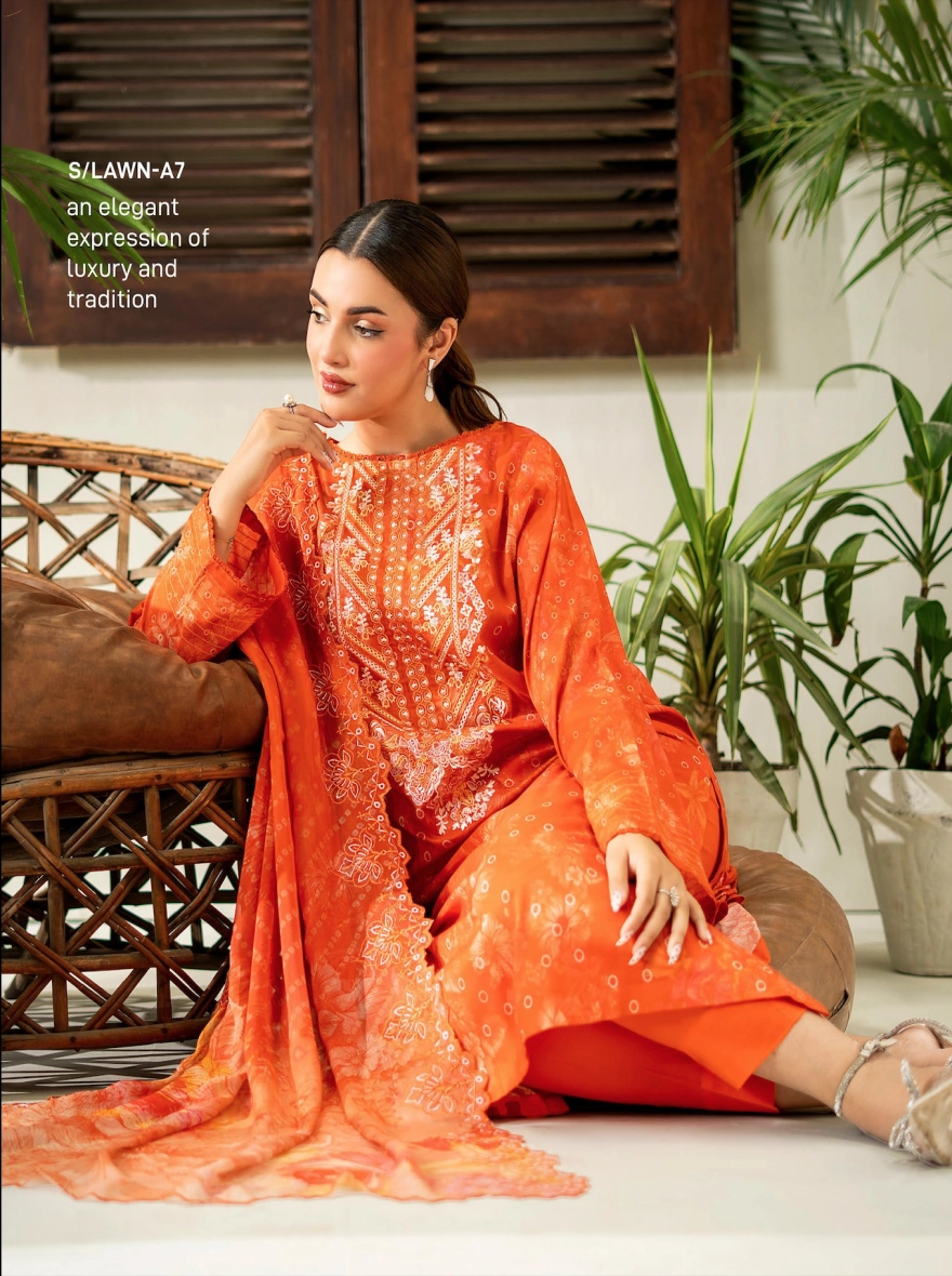 Amber Glow Embroidered 3-Piece Lawn Suit with Cut-Work Chiffon Dupatta