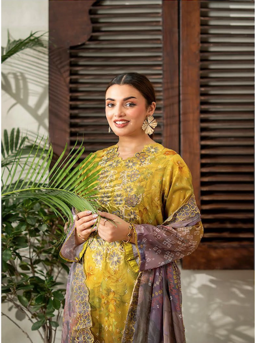 Mustard & Lavender Floral Embroidered 3-Piece Suit with Cut-Work Chiffon Dupatta