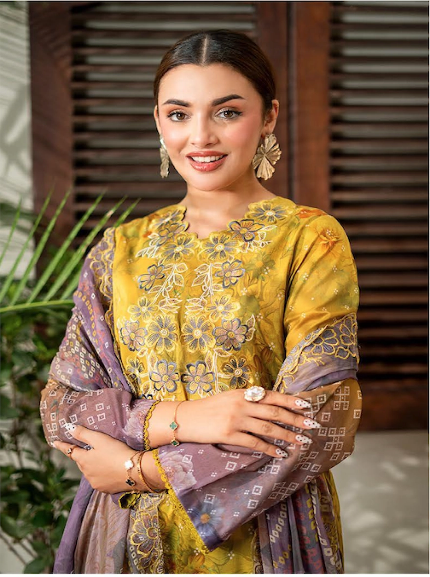 Mustard & Lavender Floral Embroidered 3-Piece Suit with Cut-Work Chiffon Dupatta