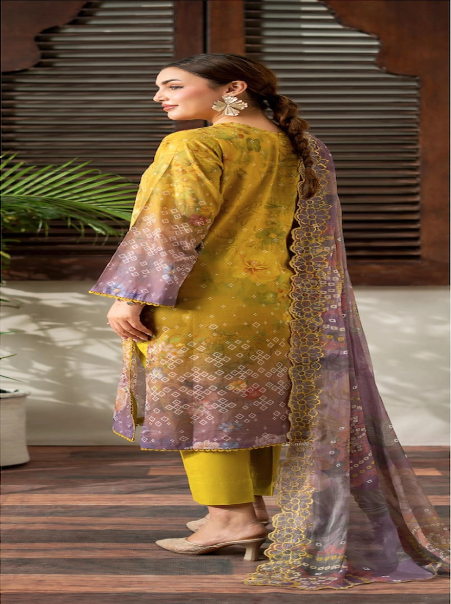 Mustard & Lavender Floral Embroidered 3-Piece Suit with Cut-Work Chiffon Dupatta