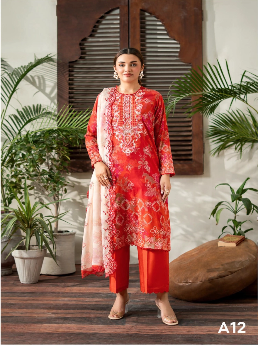 Crimson Aura Embroidered 3-Piece Lawn Suit with Cut-Work Chiffon Dupatta