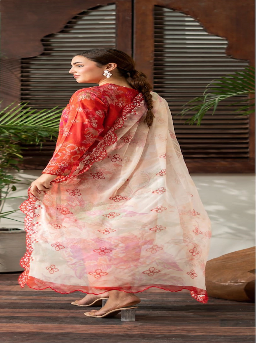 Crimson Aura Embroidered 3-Piece Lawn Suit with Cut-Work Chiffon Dupatta