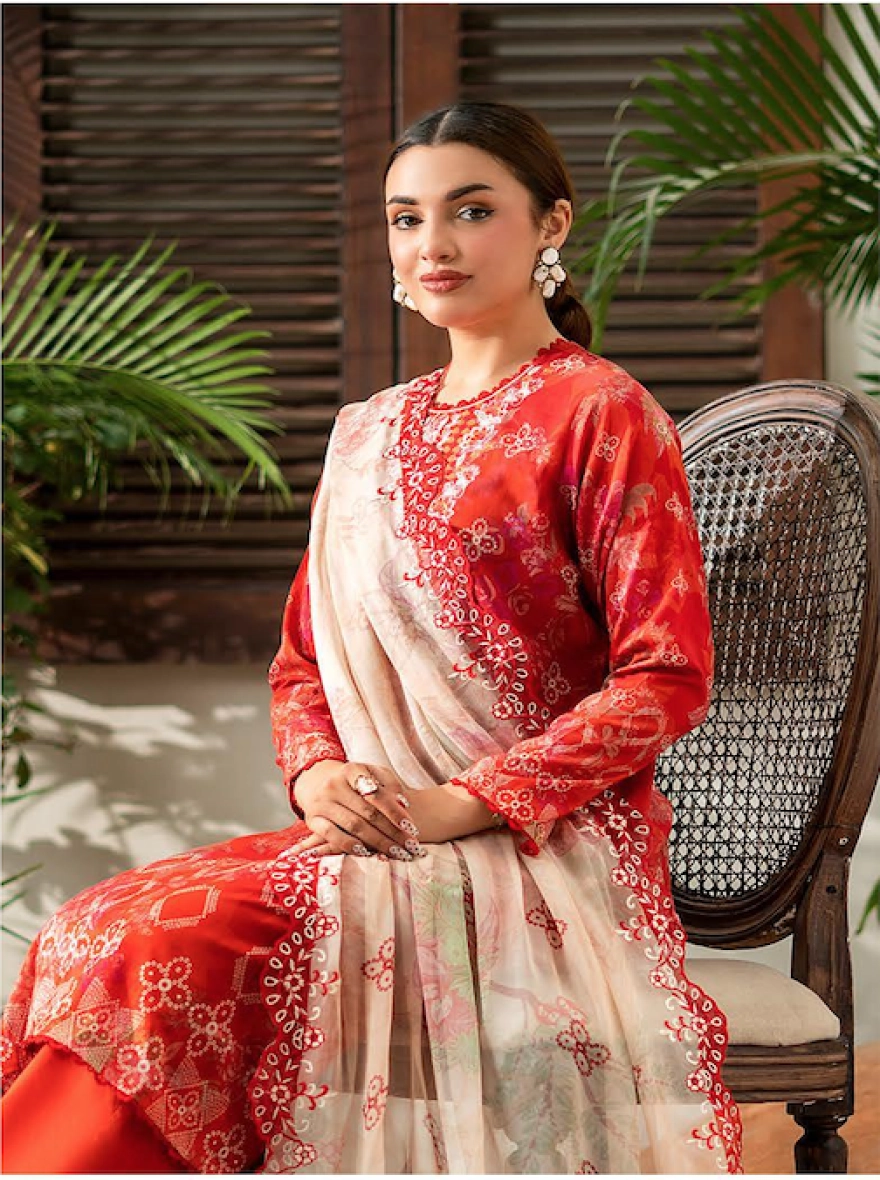 Crimson Aura Embroidered 3-Piece Lawn Suit with Cut-Work Chiffon Dupatta