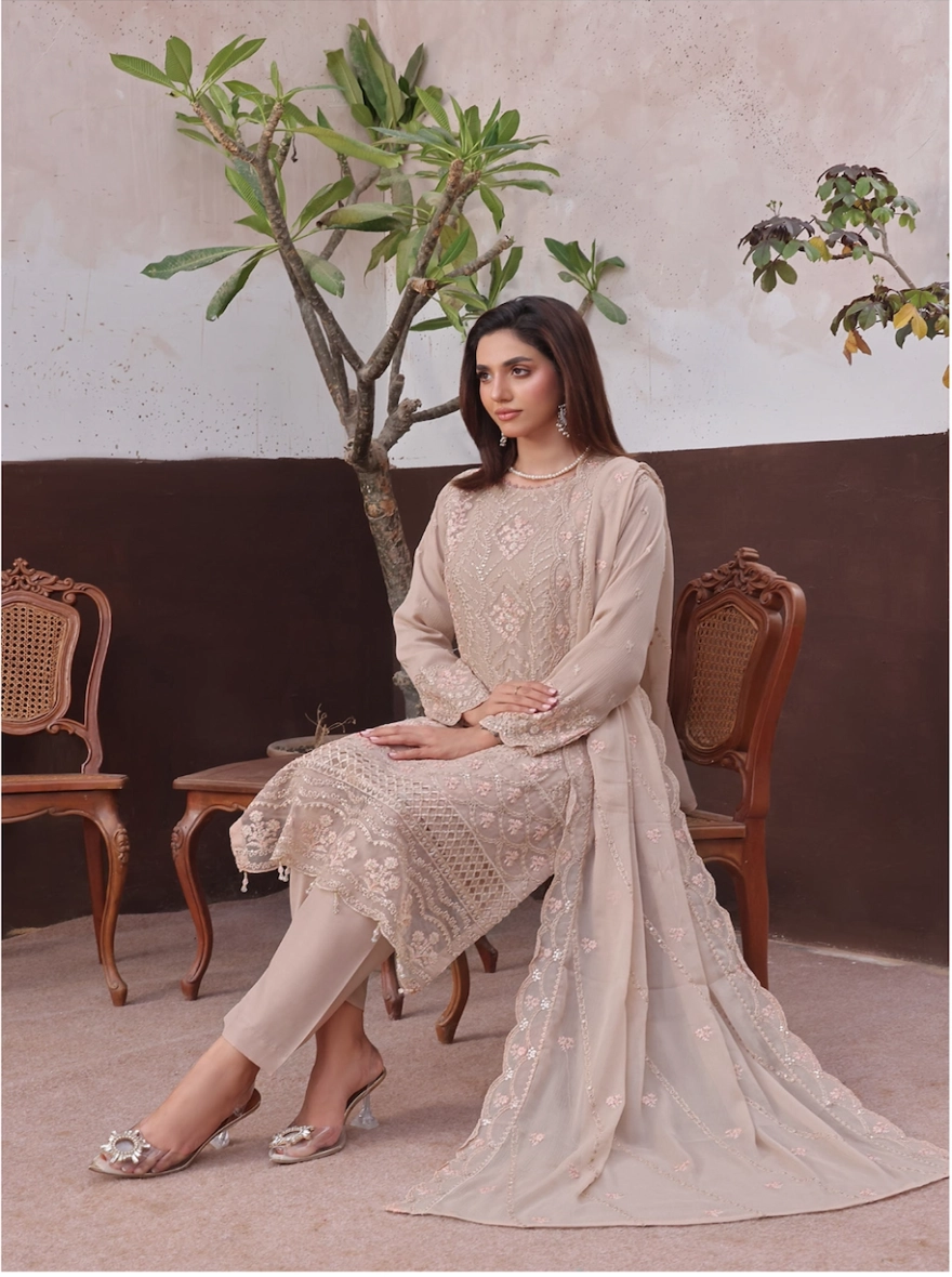 Sandstone Grace Embroidered Chiffon 3-Piece Festive Suit
