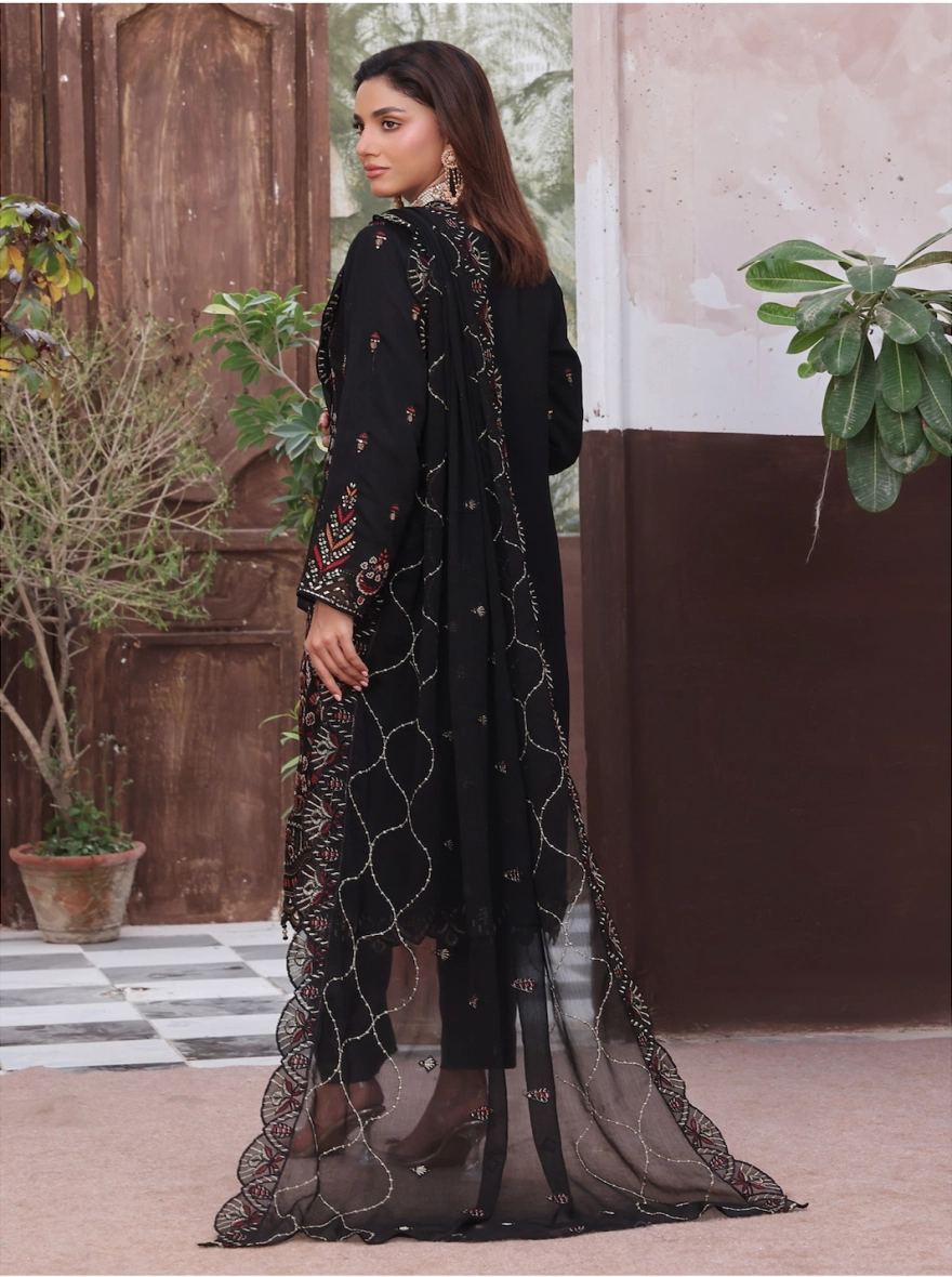 Obsidian Elegance Embroidered Chiffon 3-Piece Festive Suit