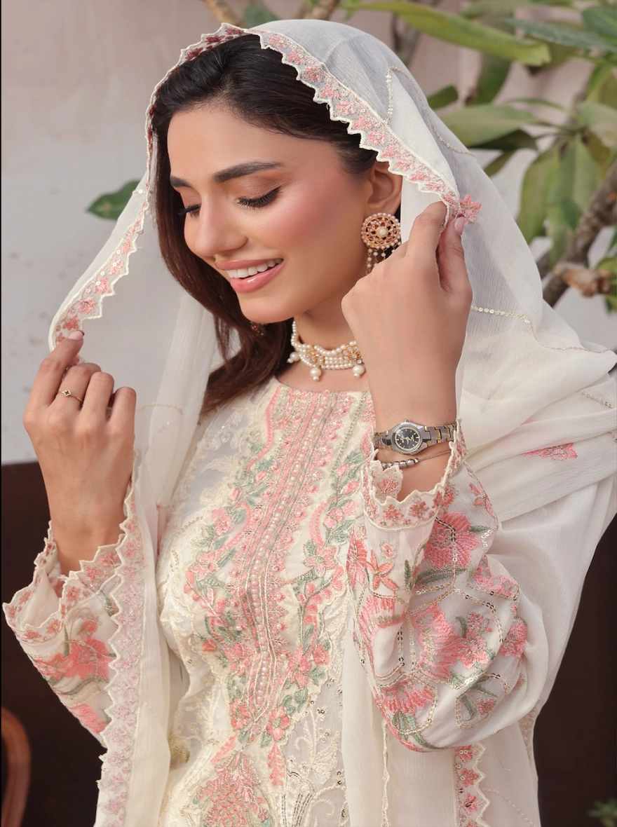 Ivory Petal Embroidered Chiffon 3-Piece Festive Suit
