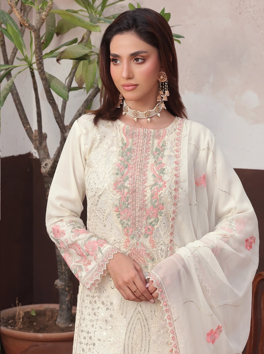 Ivory Petal Embroidered Chiffon 3-Piece Festive Suit