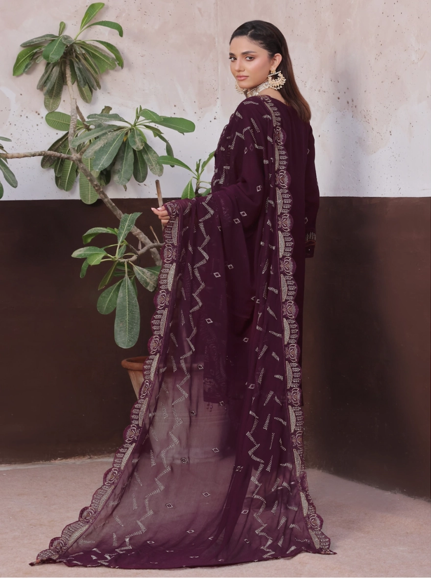 Velvet Wine Embroidered Chiffon 3-Piece Festive Suit