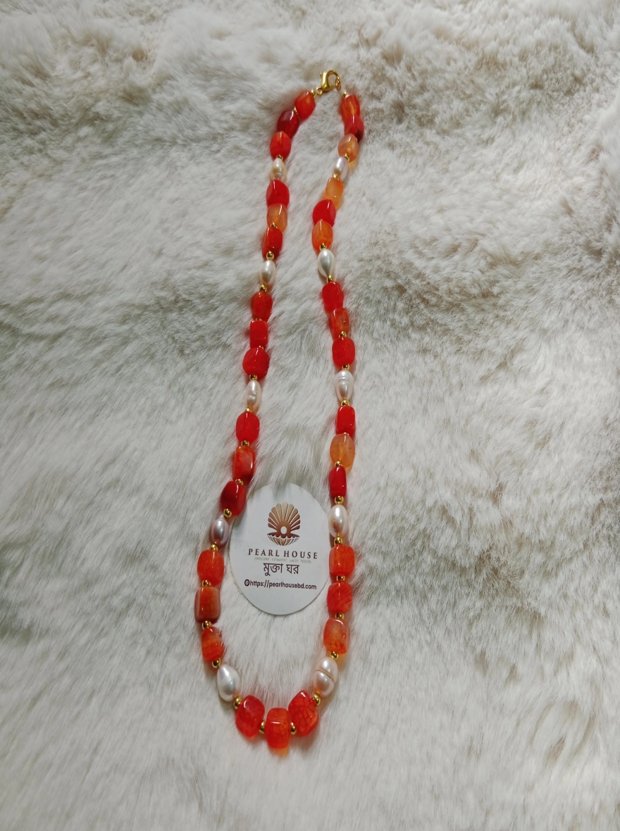 Original Pearl & Orange Colour Original Stone Combination Necklace 
