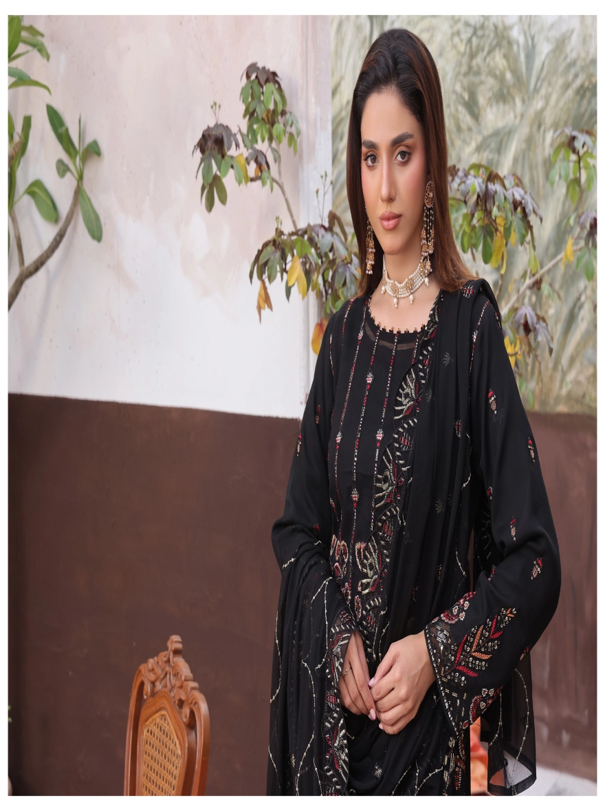 Pakistani Amsaal by Bin Hamid Embroidered Chiffon 3-Piece Suit-Obsidian Black