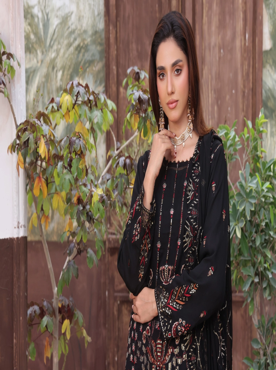 Pakistani Amsaal by Bin Hamid Embroidered Chiffon 3-Piece Suit-Obsidian Black
