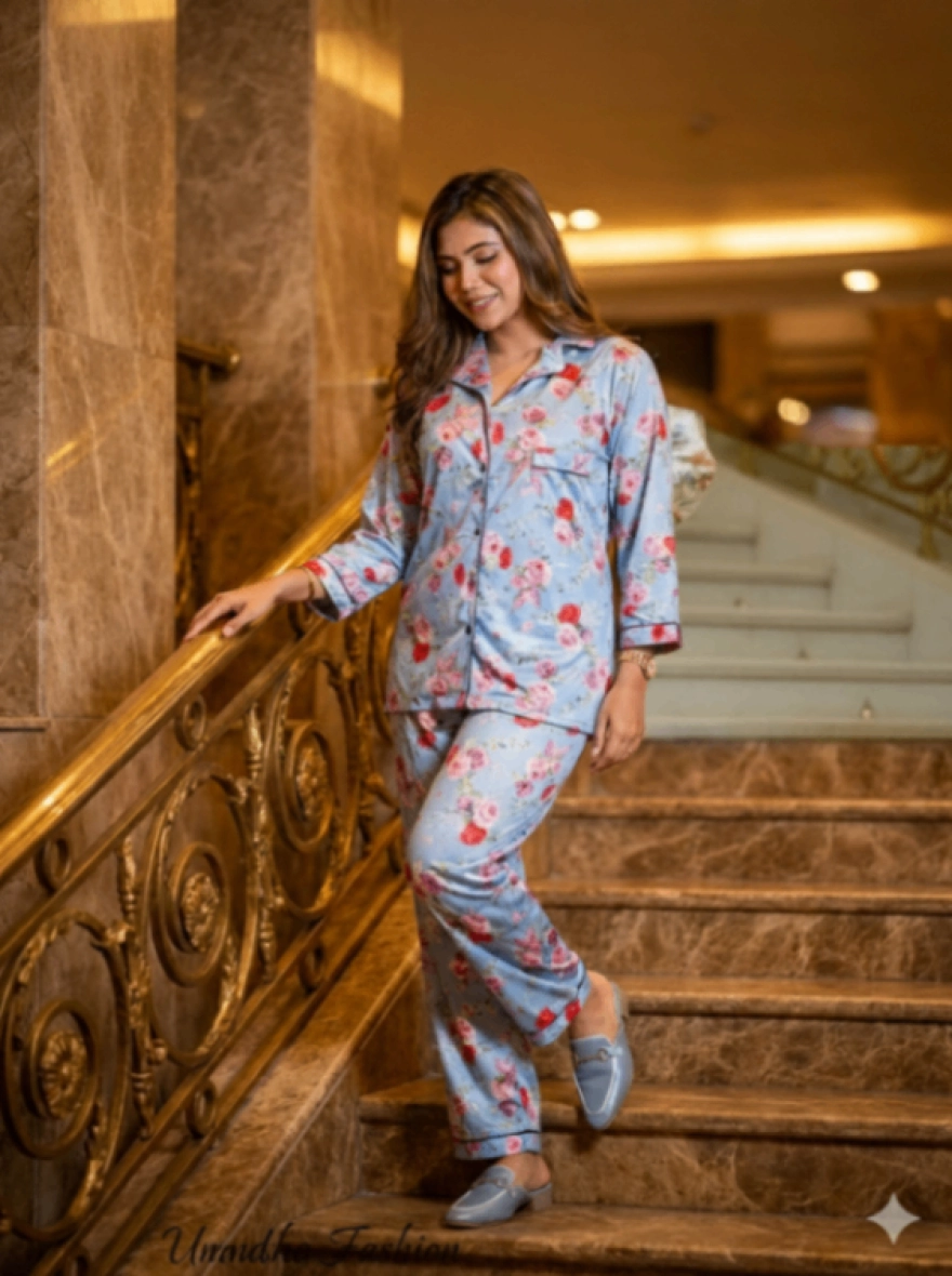 Umaisha Luxe Korean AC Silk Floral 2-Piece Nightwear