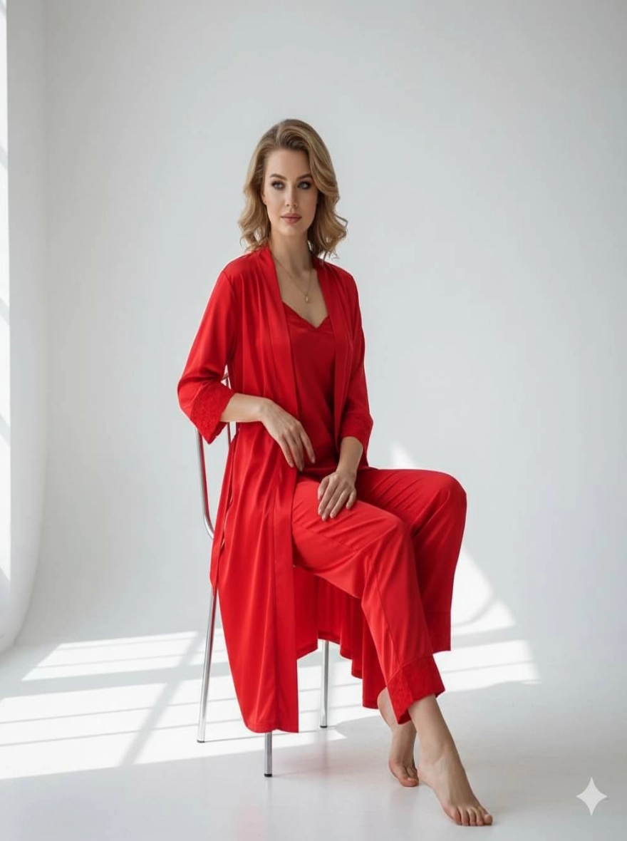 5 Part Shirt Pant Nightwear Set for Woman Glamourous Night Suit Set-Red