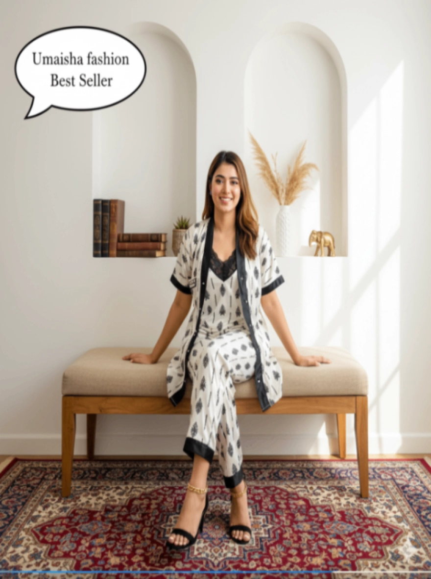 Premium Quality Ac Silk 3D Print 4 Part Korean Nighty Wear Shirt Pant For Woman