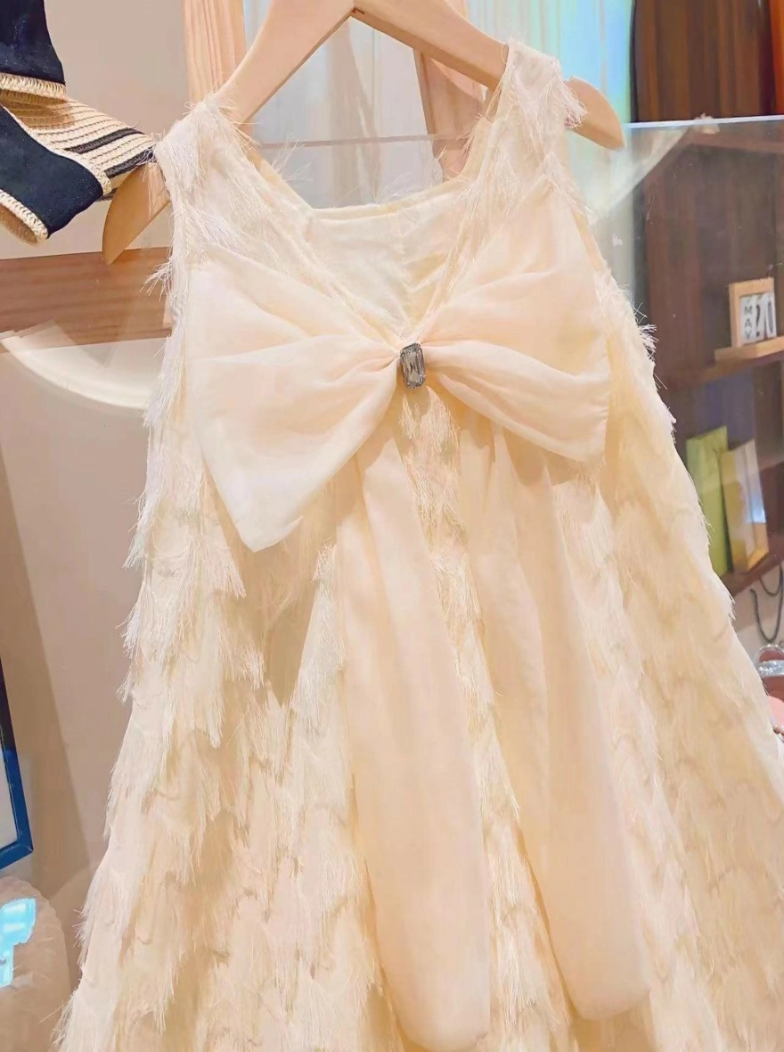 Pearl-Accented Beige Tassel Party Top