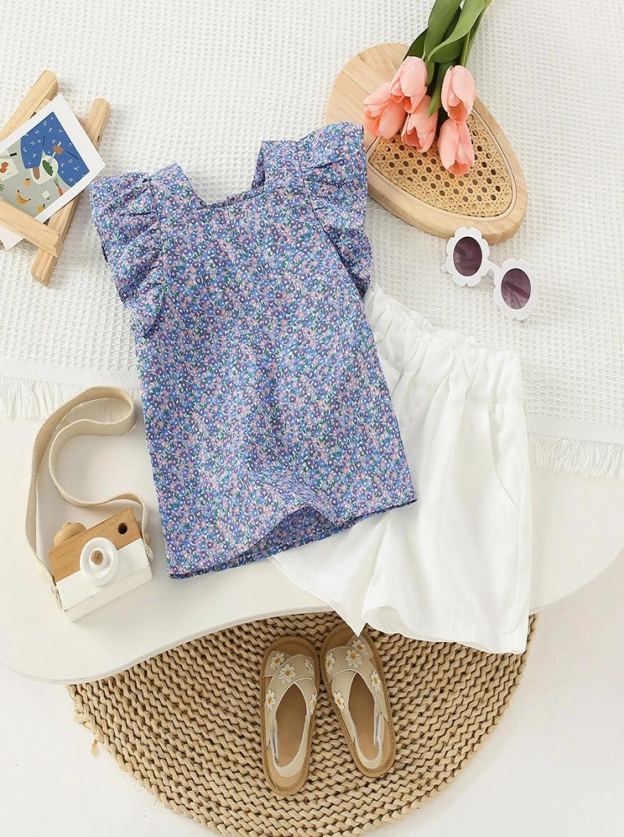 Carolina Blue Floral Ruffle Top & White Short Set