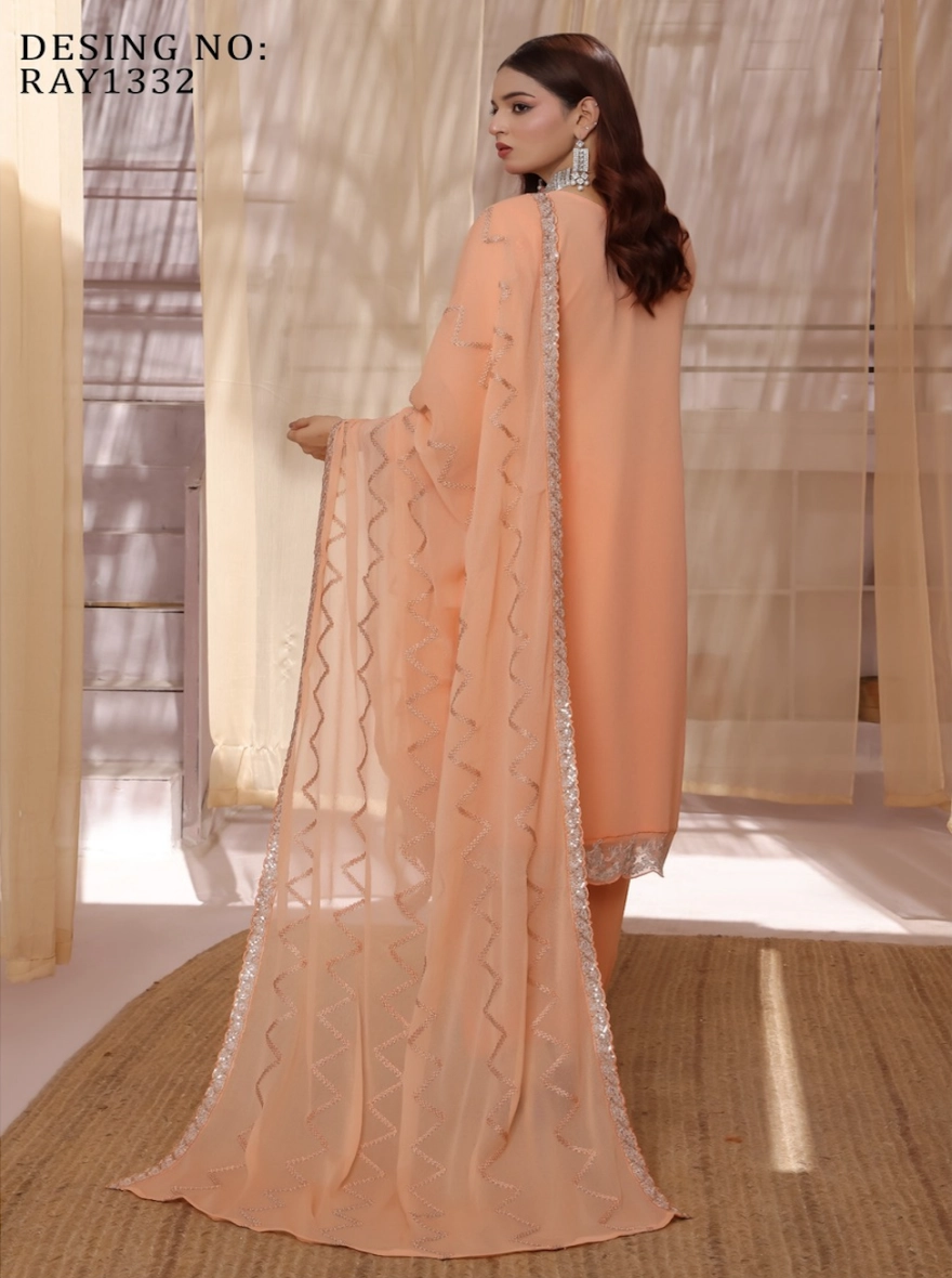 Pakistani Ronaq by Bin Hamid Embroidered Chiffon 3-Piece Suit-Ivory Petal 