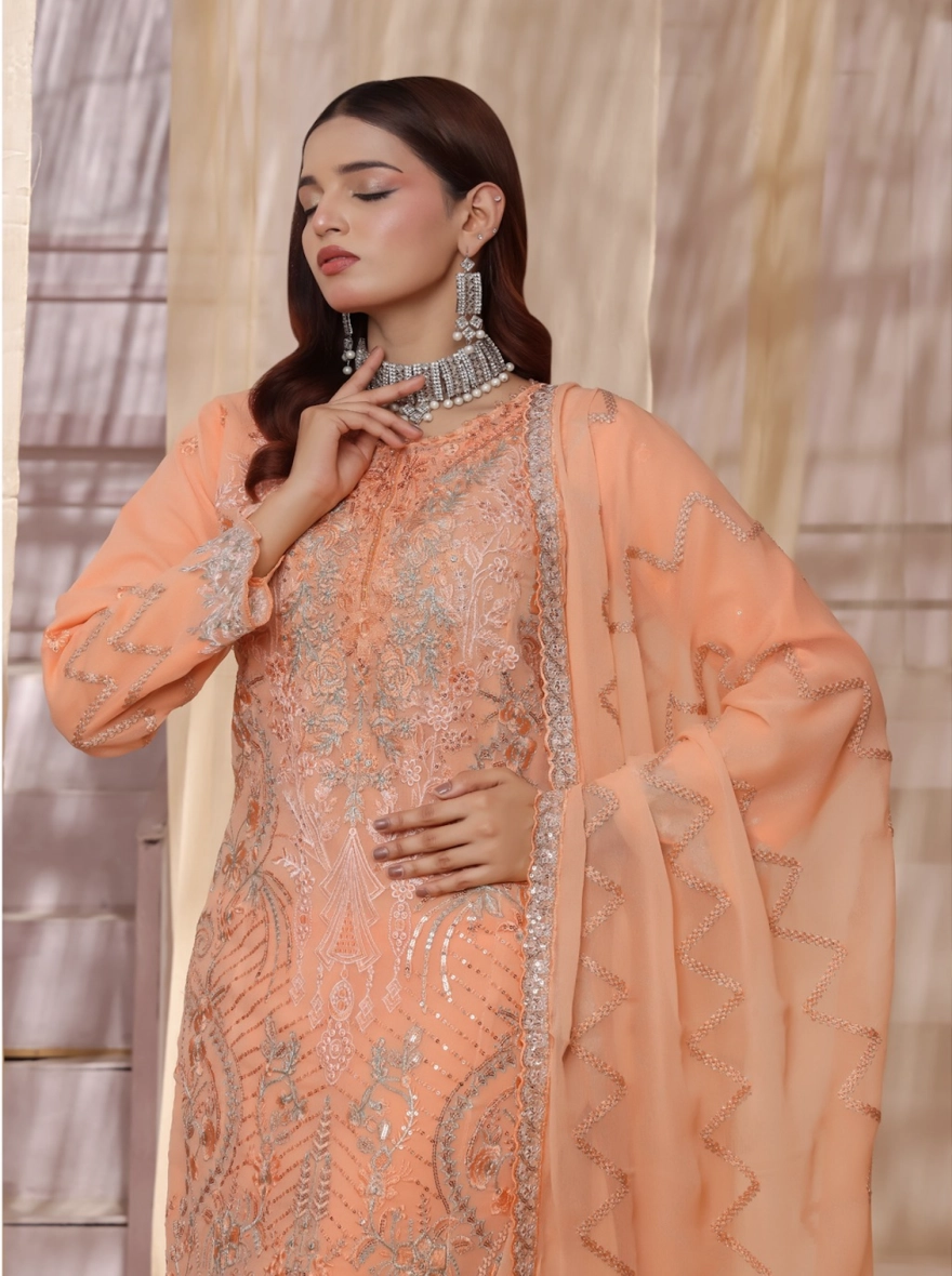 Pakistani Ronaq by Bin Hamid Embroidered Chiffon 3-Piece Suit-Ivory Petal 