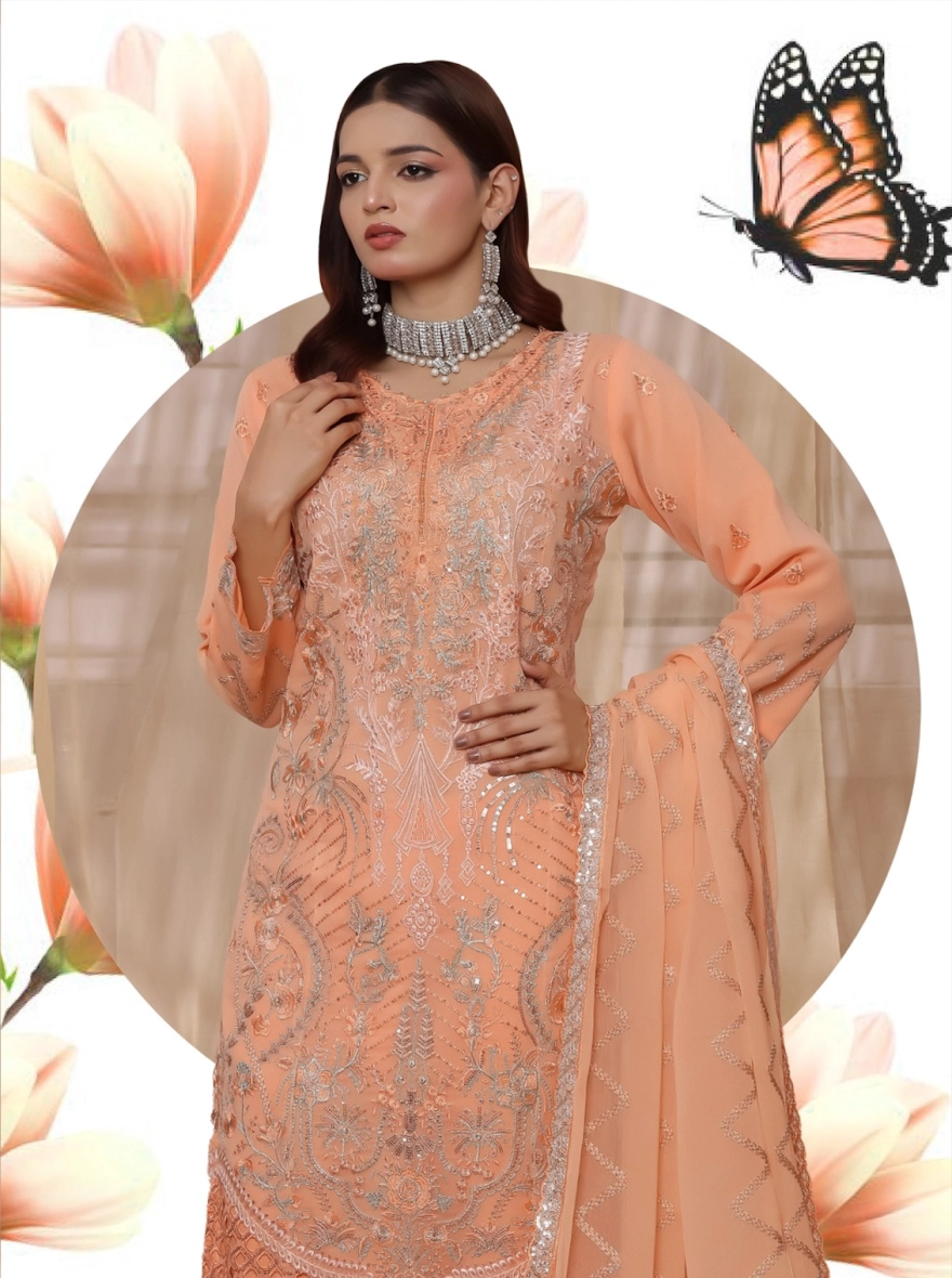 Pakistani Ronaq by Bin Hamid Embroidered Chiffon 3-Piece Suit-Ivory Petal 