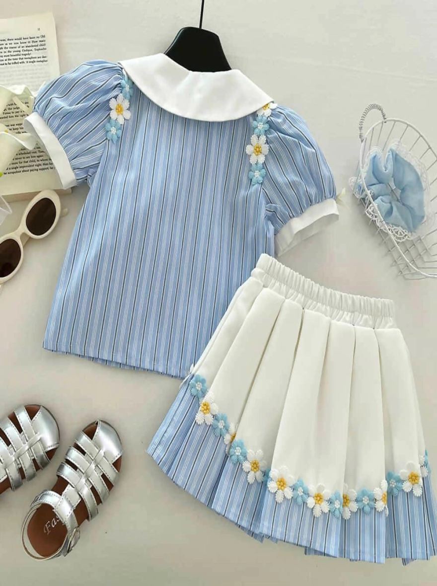 Imported Short Sleeved Floral Top & Elastic Waist Pleated Skirt - China