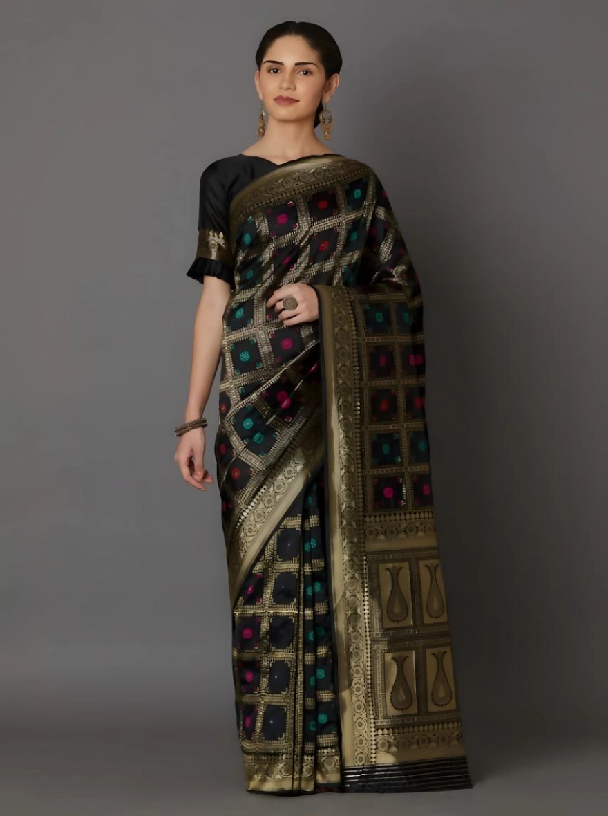 Soft Silk Screen Printed Premium Katan Sharee with Blouse - Black