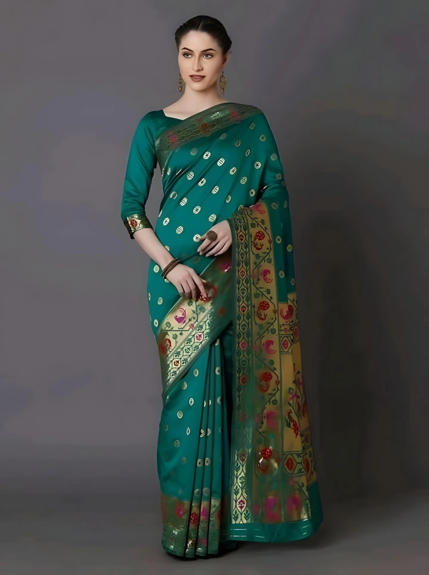 Soft Silk Screen Printed Premium Katan Sharee with Blouse - Teal Green