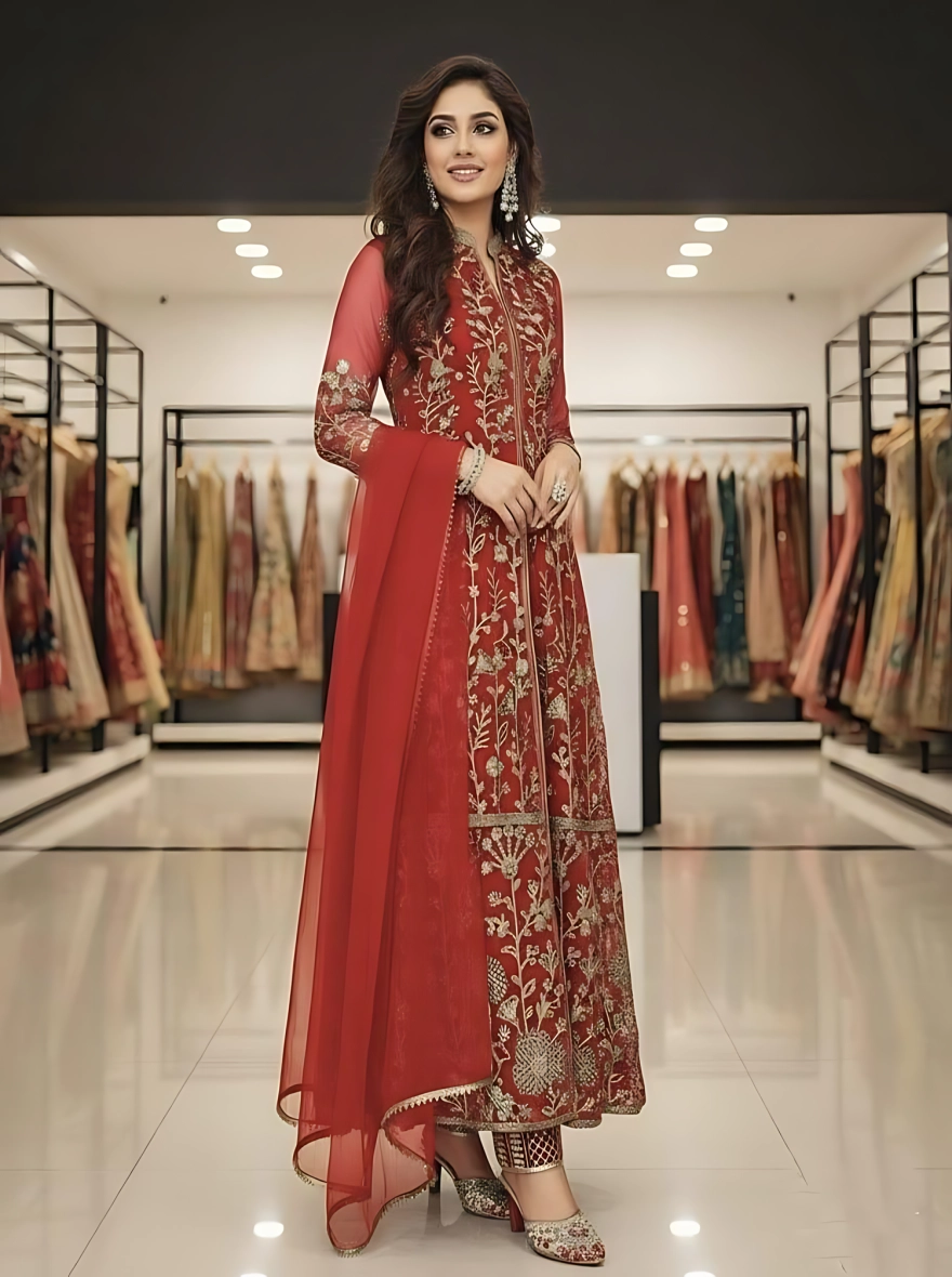 Ready Made Georgette Embroidered Party Dress - Red