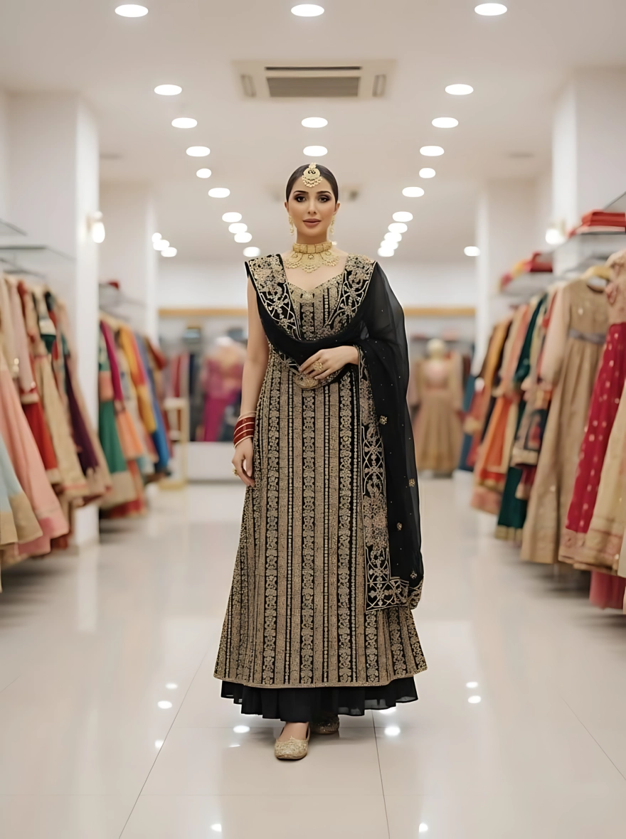 Luxury Semi Stitched Georgette Party Dress - Black