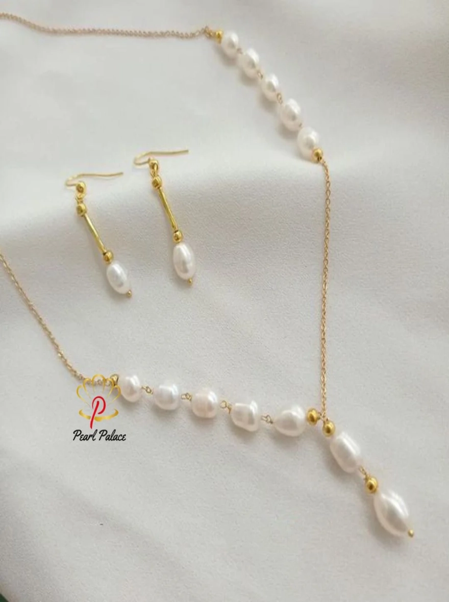 18K Gold Plated Handmade White Pearl Y-Necklace with Earrings.