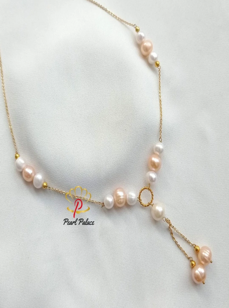 14k Gold plated Necklace with Light Pink and White Freshwater Pearls.