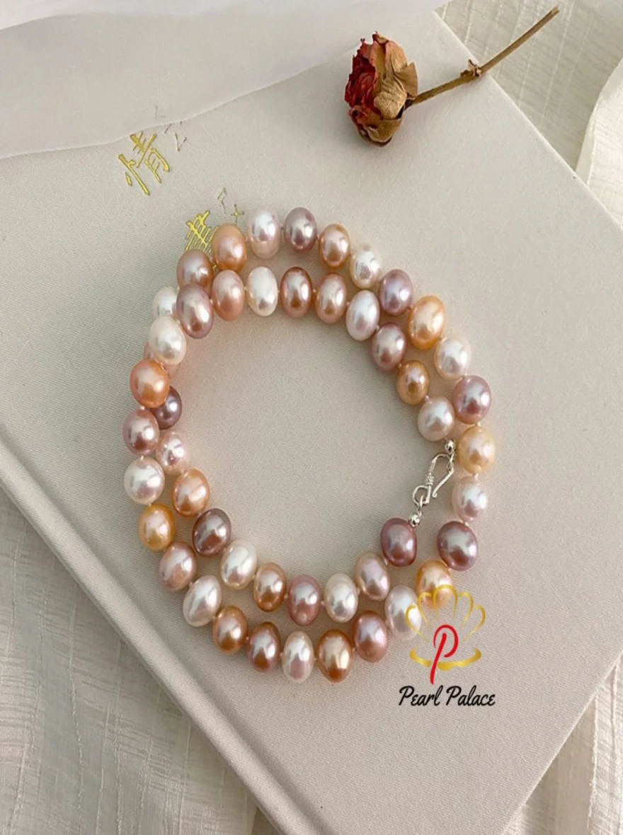 Natural Freshwater Pearl Necklace 925 Sterling Silver Button Jewelry for Women.