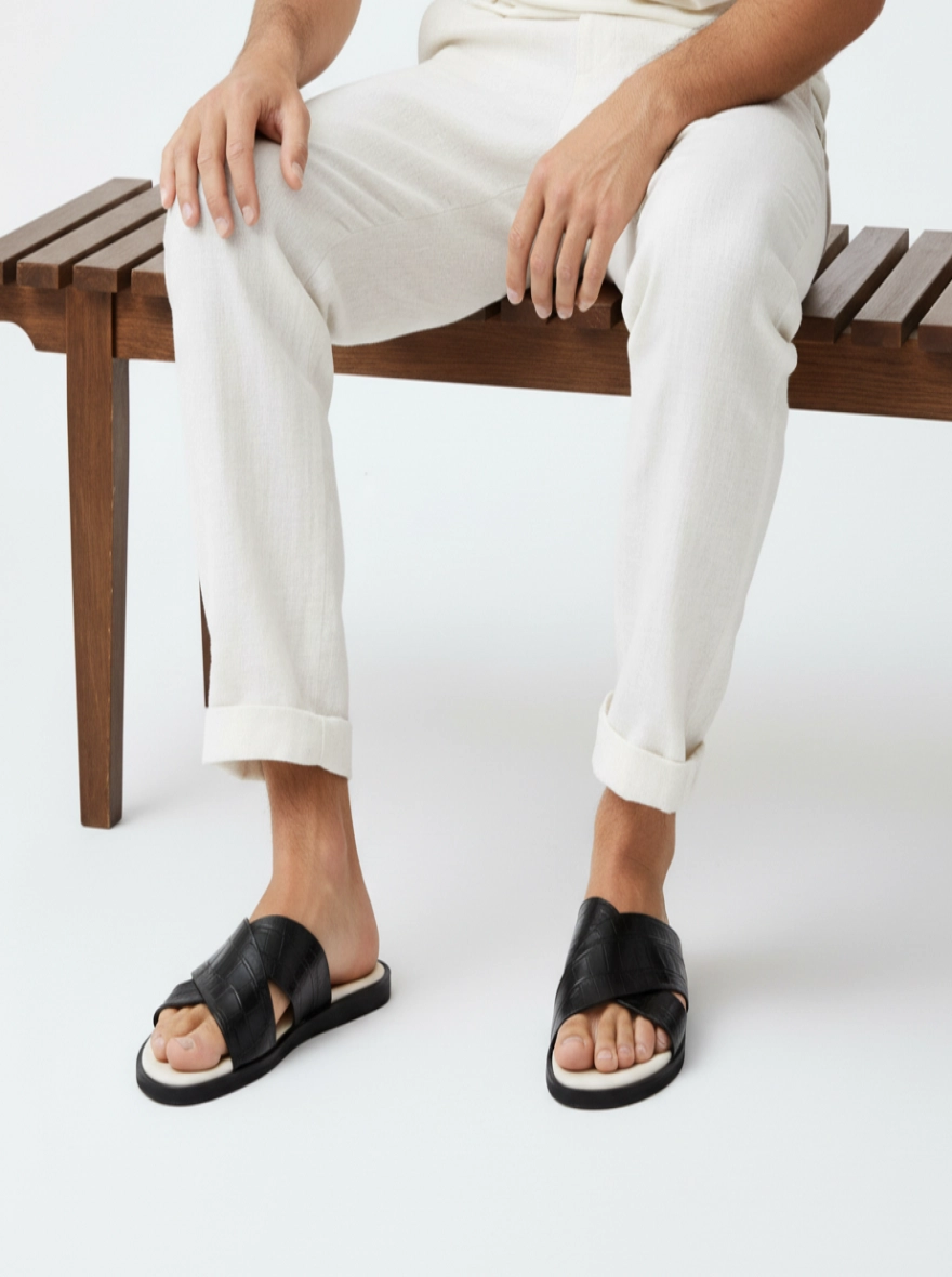 Lumiere Onyx Croc-Embossed Cross-Strap Sandals