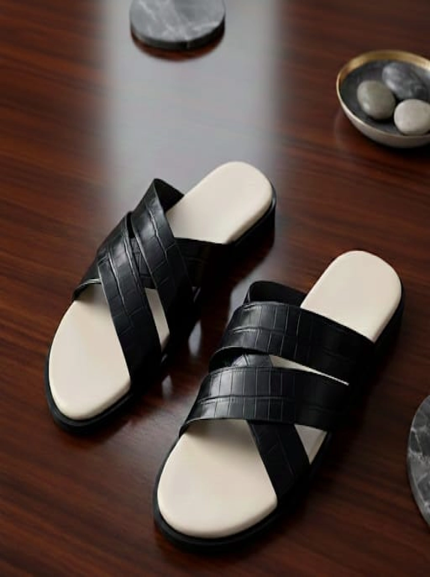 Lumiere Onyx Croc-Embossed Cross-Strap Sandals