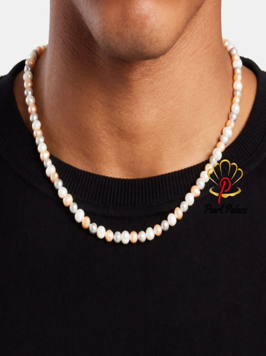 Men White Pearl Necklace with gold plated 925