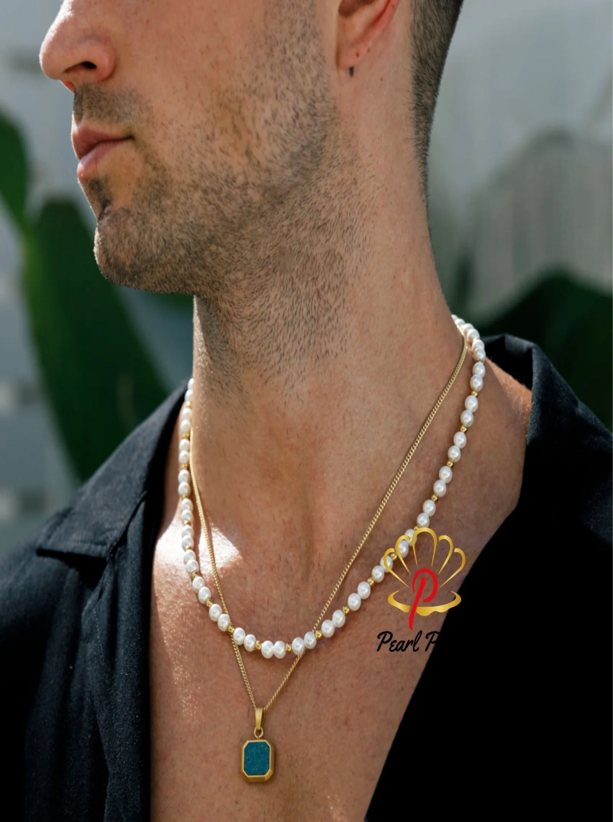 Men White Pearl Necklace with gold plated 925
