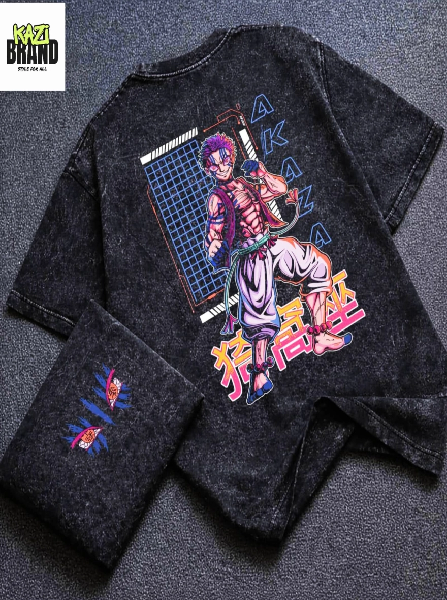 AKAZA DEMON SLAYER" Acid Wash Premium Drop Shoulder T-Shirt