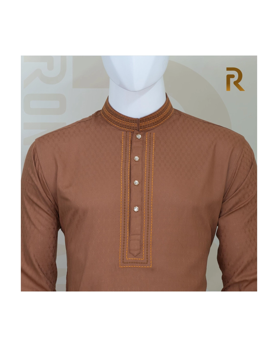 Premium Cinnamon Brown Jacquard Cotton Panjabi with Elegant Embroidery & Snap Button